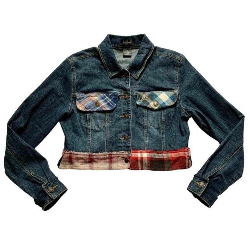 Rebuilt Custom Denim Jacket Medium Cropped Recycled Flannel Trim Handmade OOAK
